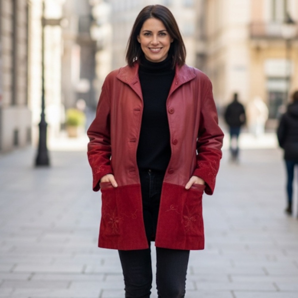 Lambskin Leather Red Suede Midi Jacket Embroidered